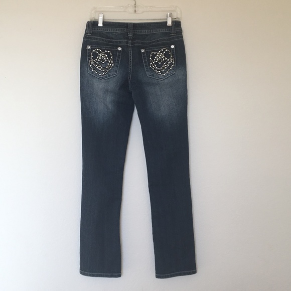 Suko Jeans Boot Cut Embellished Embroidered Faded Dark Wash Low Rise - Picture 8 of 8